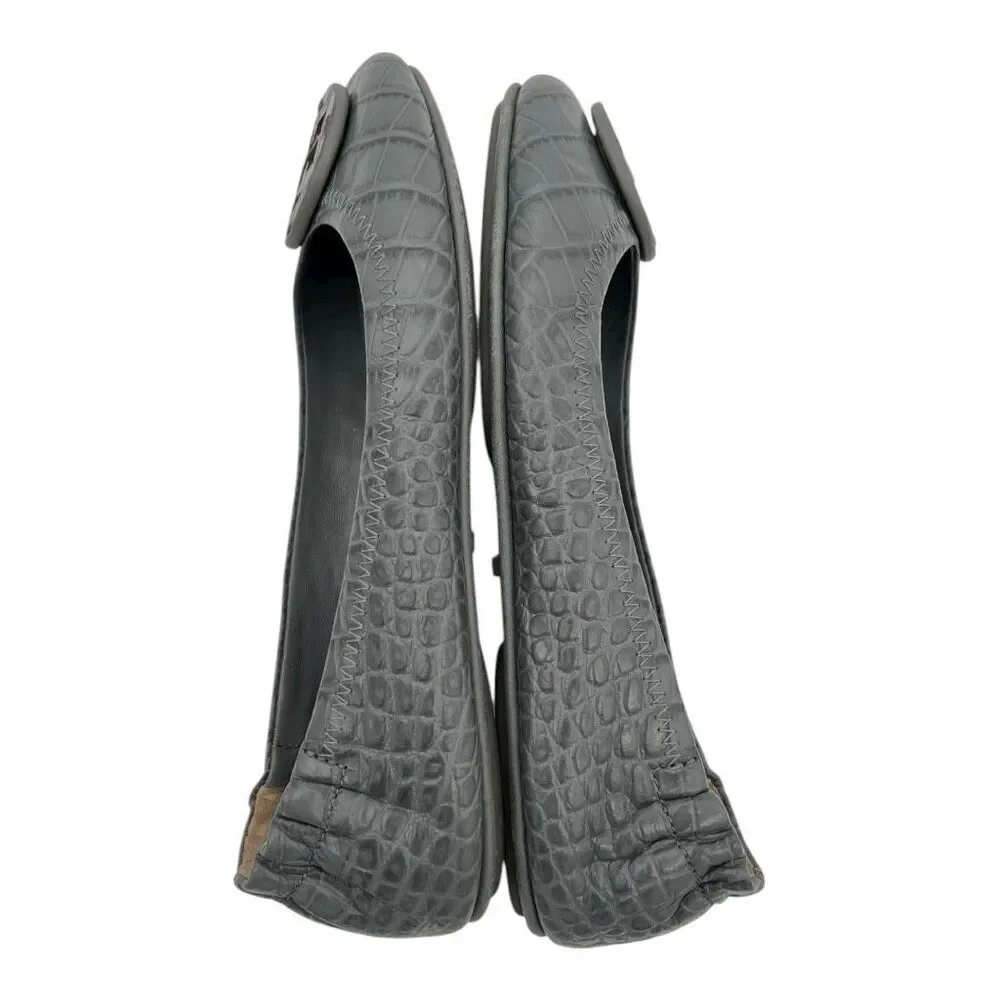 Tory Burch Women's Leather Croc Embossed Minnie Travel Ballet Flats Gray Sz 5.5